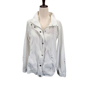Christopher & Banks White Denim Jacket Womens Large Snap Full Zip 100% Cotton‎